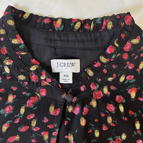 J Crew Women's XS Black Floral Sleeveless Ruffle Top Gold Accent‎ Blouse - Picture 2 of 5